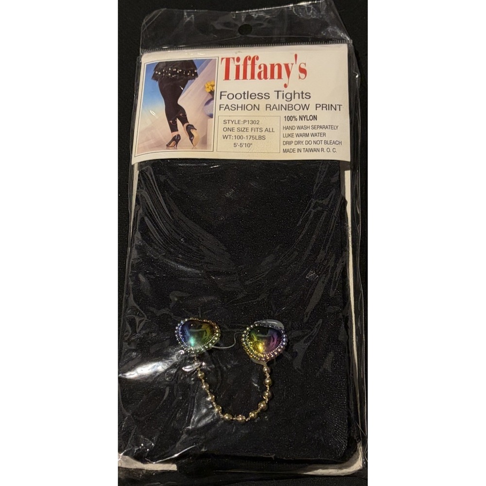 Vtg 80s 90s Black Footless Tights Rainbow Heart Charm 100–175 lbs, 5'–5'10" - Picture 6 of 9